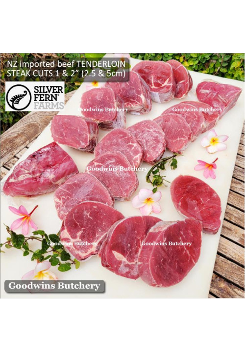 Beef Eye Fillet Mignon Has Dalam TENDERLOIN New Zealand SILVERFERN frozen 5 days aged STEAK CUTS 1" 2.5cm (price/pack 600g 4pcs)